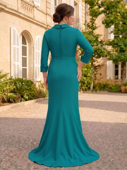 Sheath/Column V-Neck 3/4 Sleeves Sweep Train Elastic Satin Mother Of The Bride Dresses