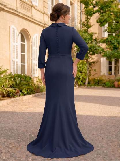 Sheath/Column V-Neck 3/4 Sleeves Sweep Train Elastic Satin Mother Of The Bride Dresses