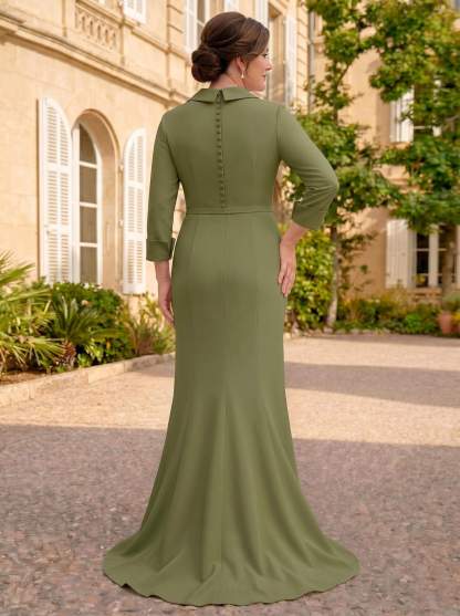 Sheath/Column V-Neck 3/4 Sleeves Sweep Train Elastic Satin Mother Of The Bride Dresses