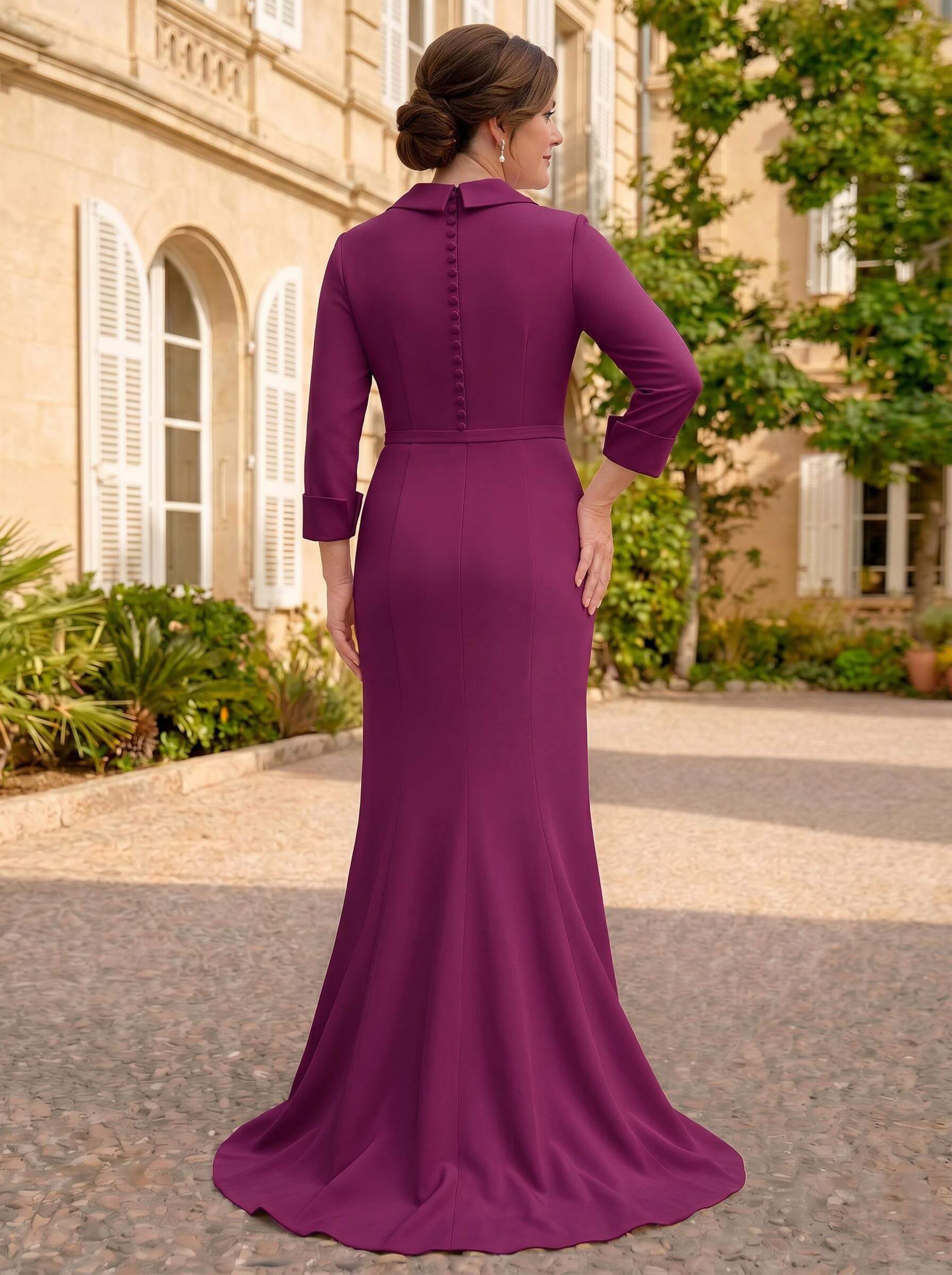 Sheath/Column V-Neck 3/4 Sleeves Sweep Train Elastic Satin Mother Of The Bride Dresses