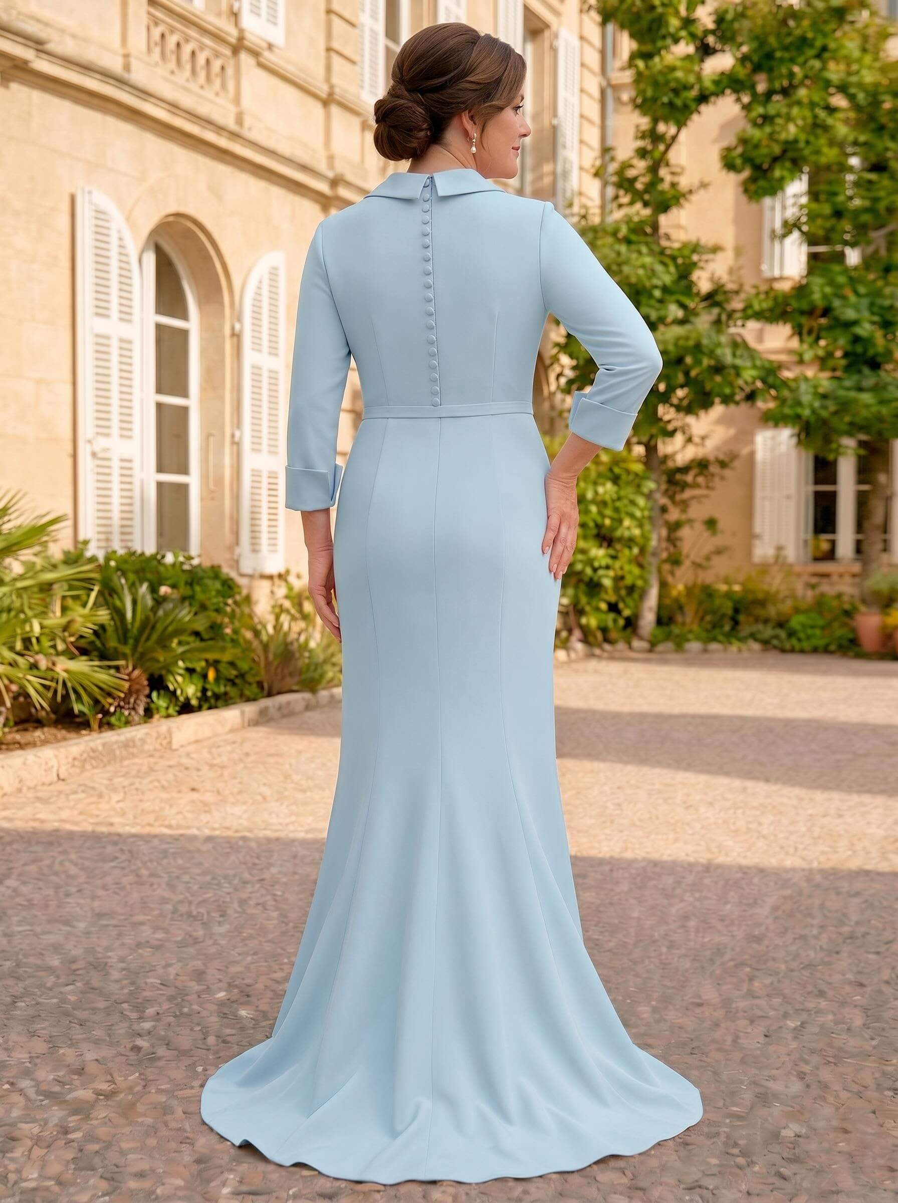 Sheath/Column V-Neck 3/4 Sleeves Sweep Train Elastic Satin Mother Of The Bride Dresses