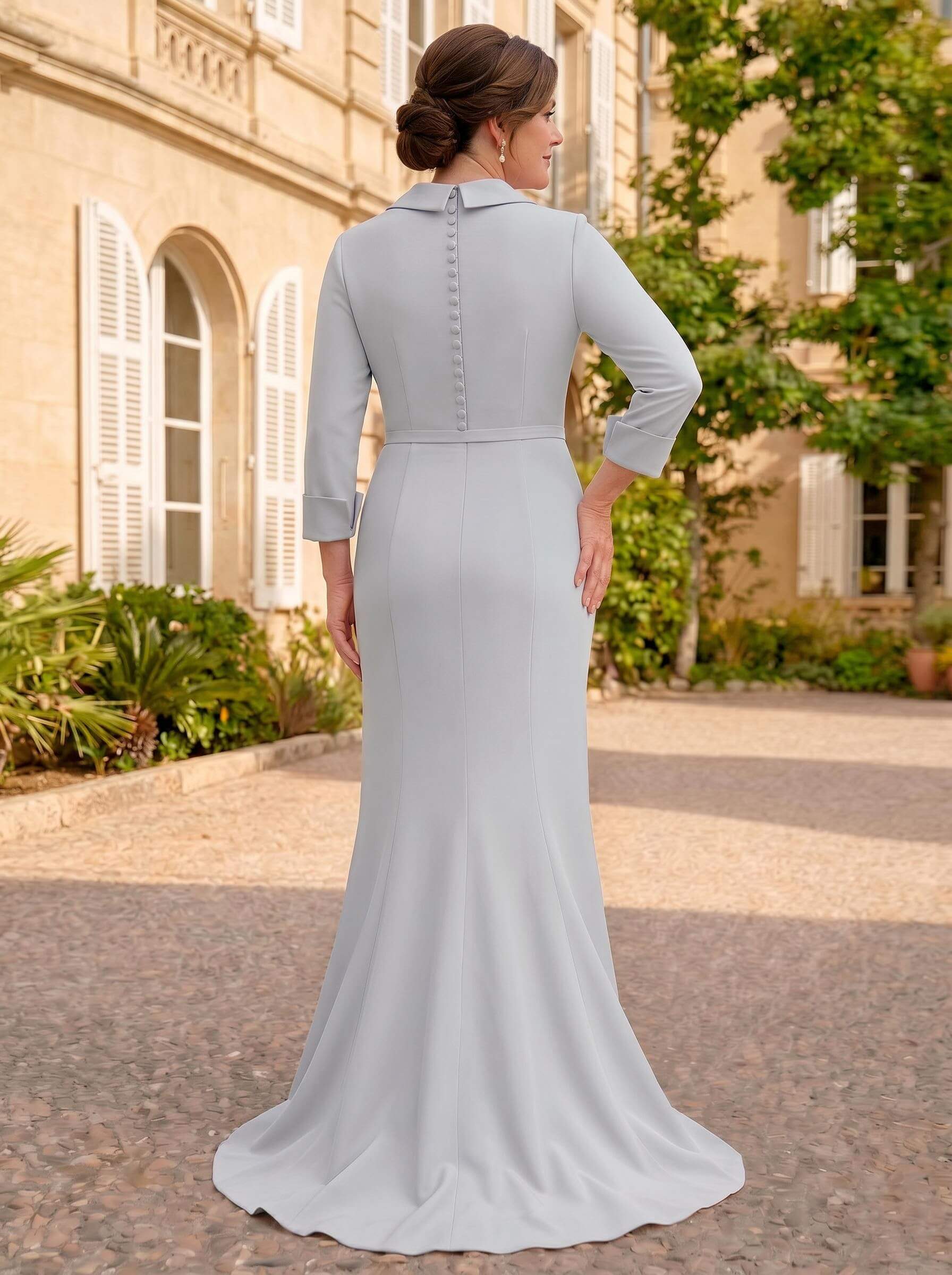 Sheath/Column V-Neck 3/4 Sleeves Sweep Train Elastic Satin Mother Of The Bride Dresses