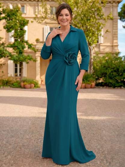 Sheath/Column V-Neck 3/4 Sleeves Sweep Train Elastic Satin Mother Of The Bride Dresses