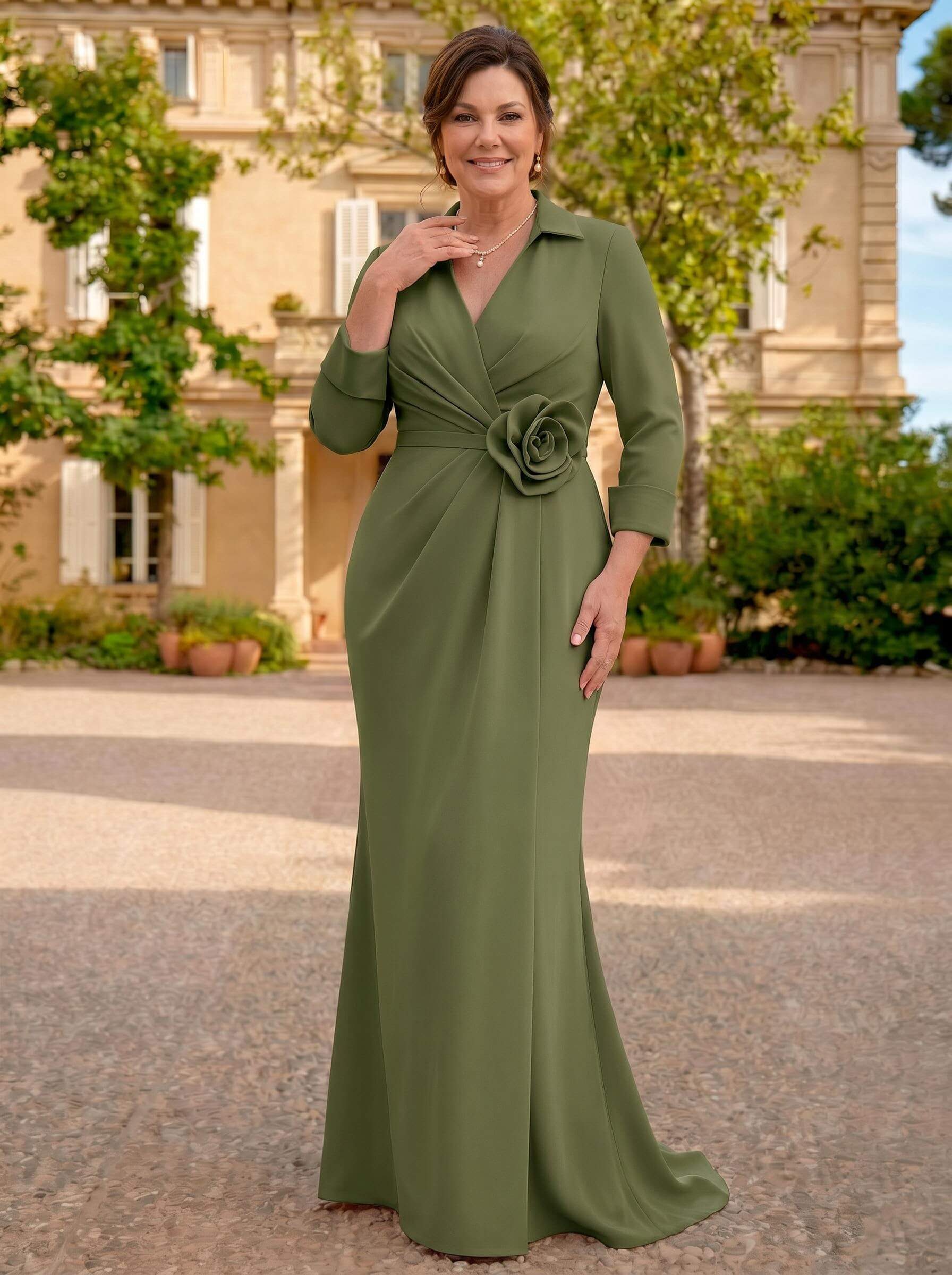 Sheath/Column V-Neck 3/4 Sleeves Sweep Train Elastic Satin Mother Of The Bride Dresses
