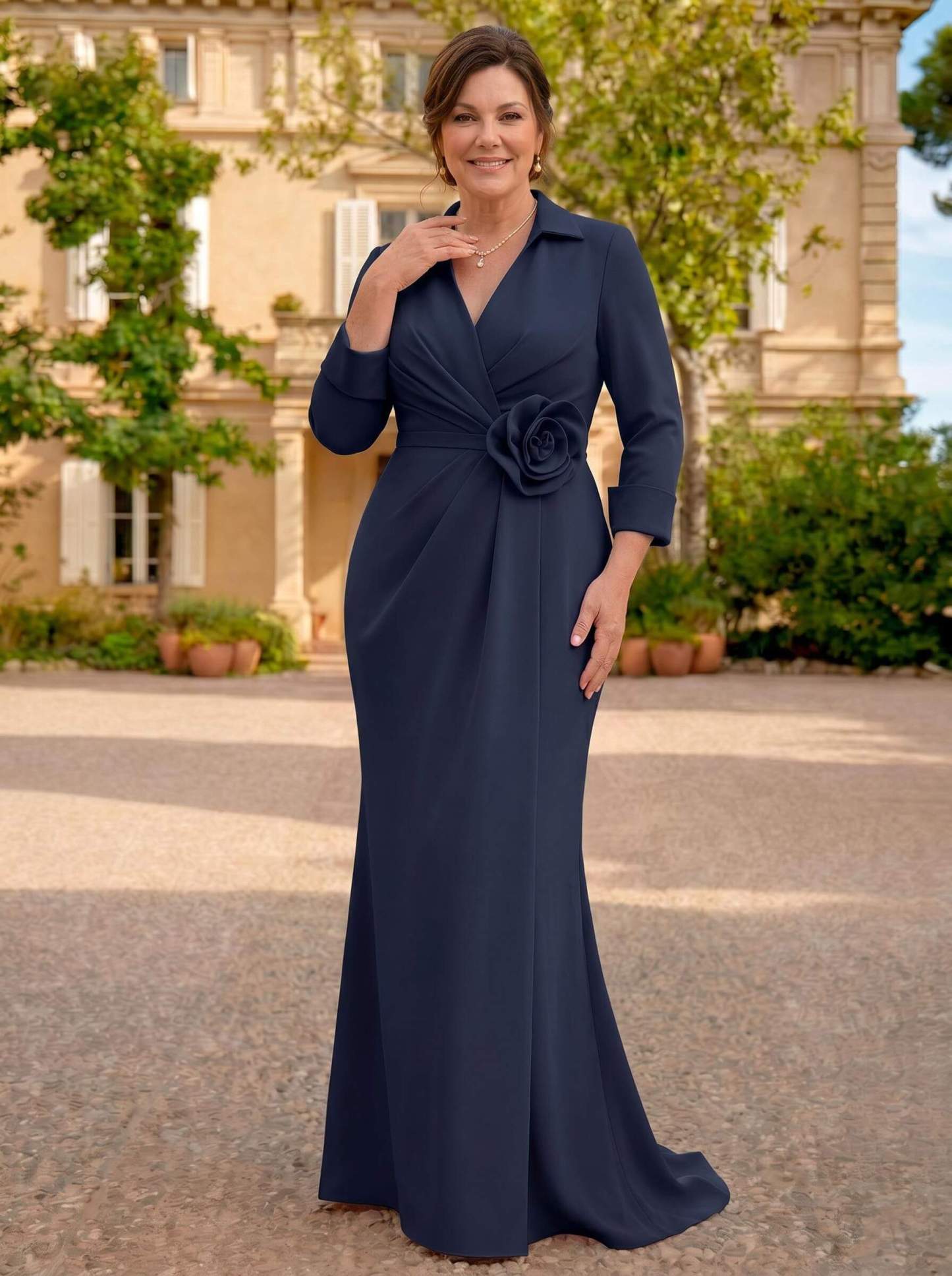 Sheath/Column V-Neck 3/4 Sleeves Sweep Train Elastic Satin Mother Of The Bride Dresses