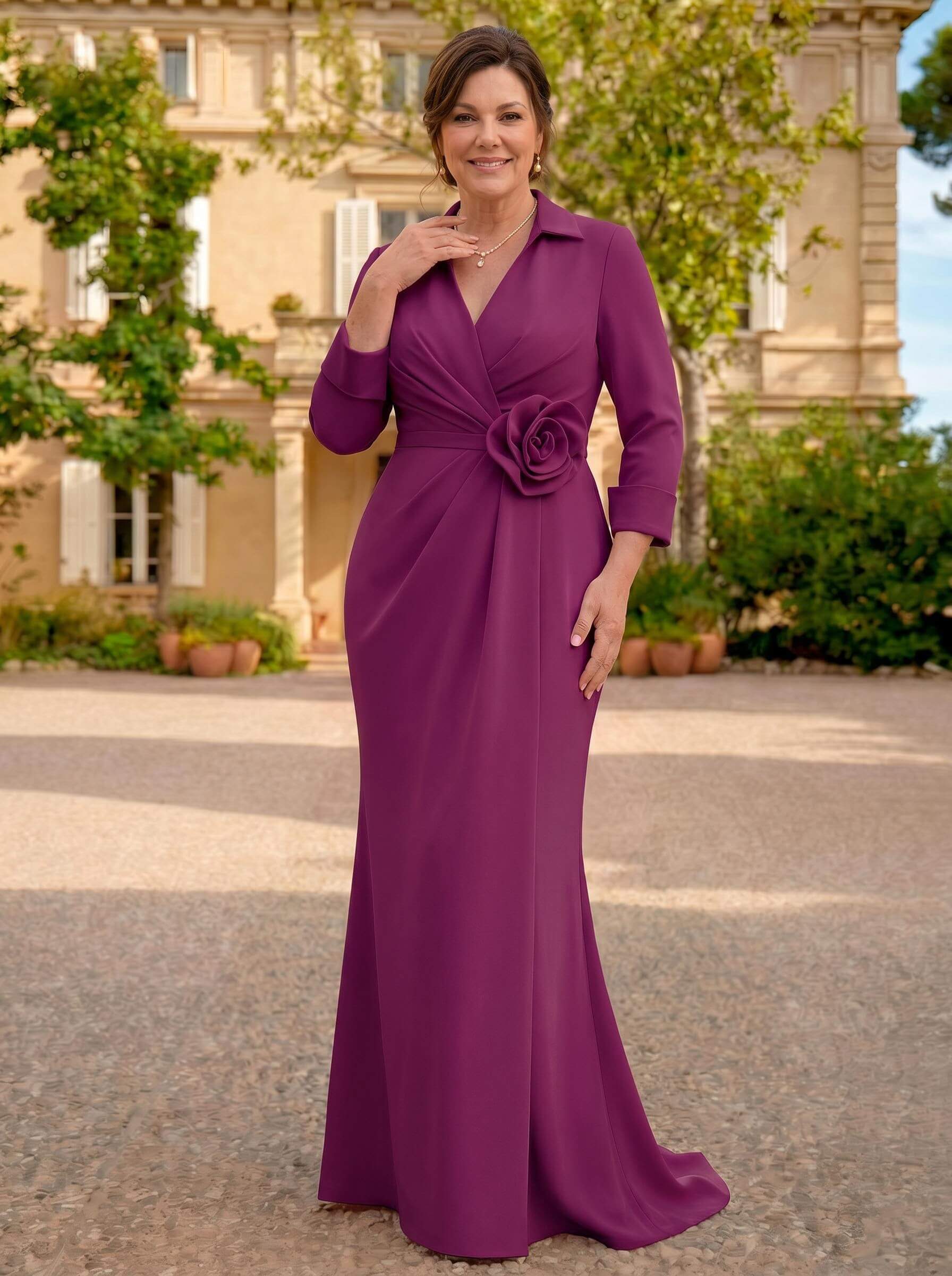 Sheath/Column V-Neck 3/4 Sleeves Sweep Train Elastic Satin Mother Of The Bride Dresses