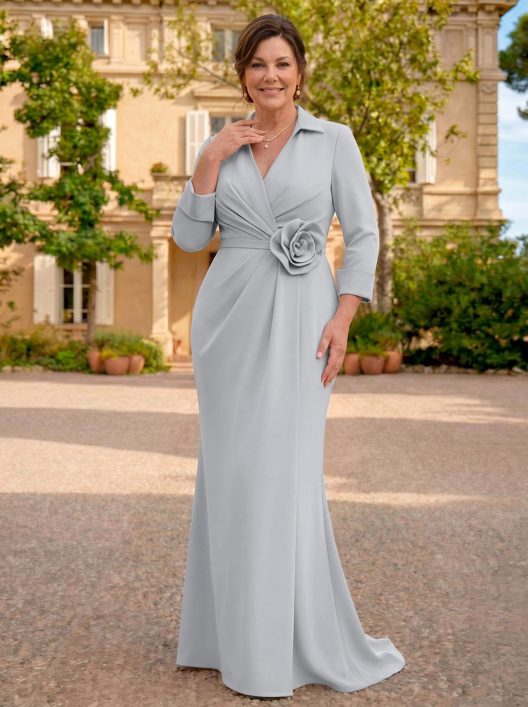 Sheath/Column V-Neck 3/4 Sleeves Sweep Train Elastic Satin Mother Of The Bride Dresses