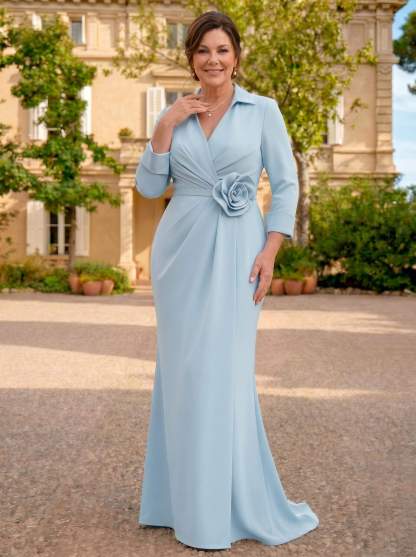 Sheath/Column V-Neck 3/4 Sleeves Sweep Train Elastic Satin Mother Of The Bride Dresses