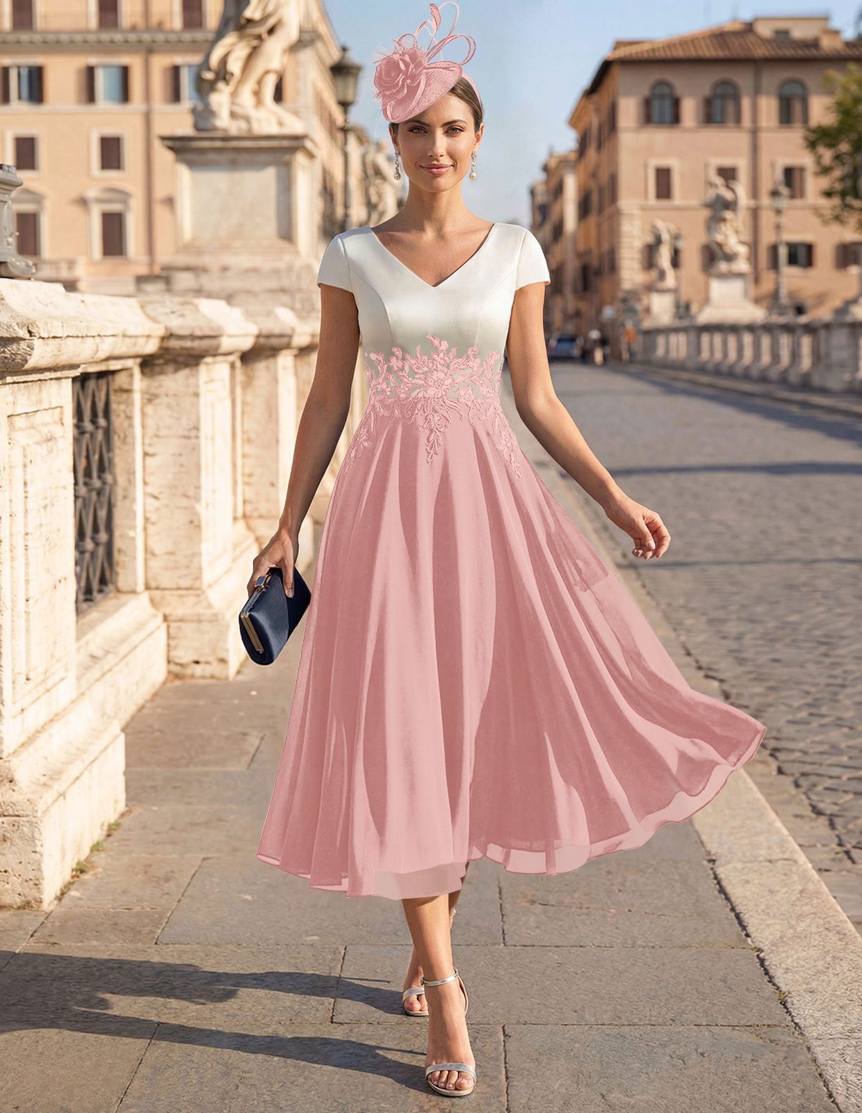A-Line V-Neck Tea-Length Mother Of The Bride Dresses With Chiffon, product image 75