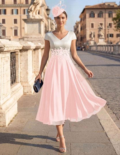 A-Line V-Neck Tea-Length Mother Of The Bride Dresses With Chiffon, product image 84