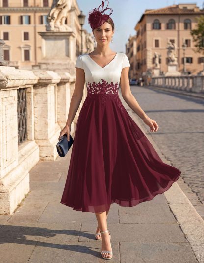 A-Line V-Neck Tea-Length Mother Of The Bride Dresses With Chiffon, product image 93