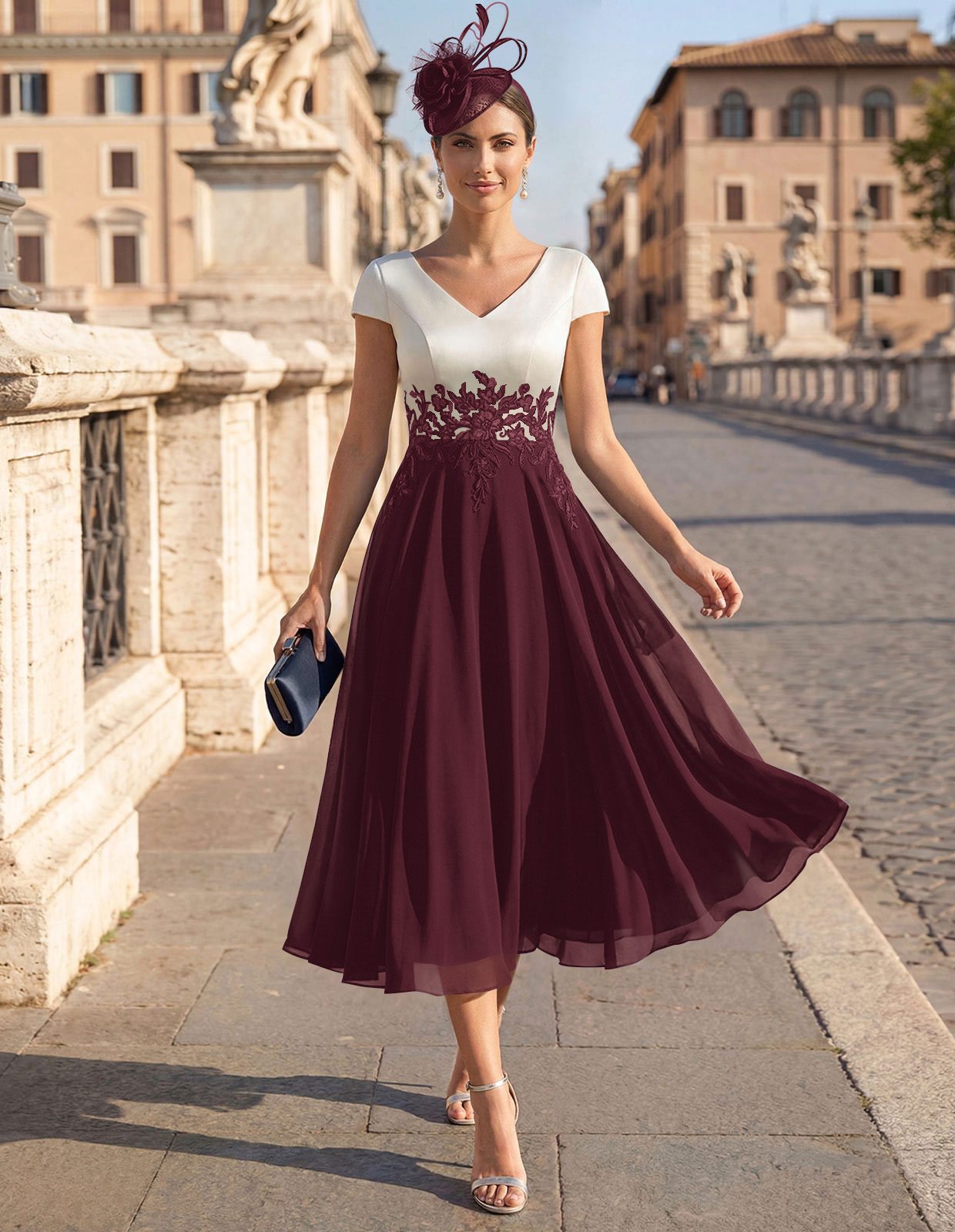 A-Line V-Neck Tea-Length Mother Of The Bride Dresses With Chiffon, product image 12