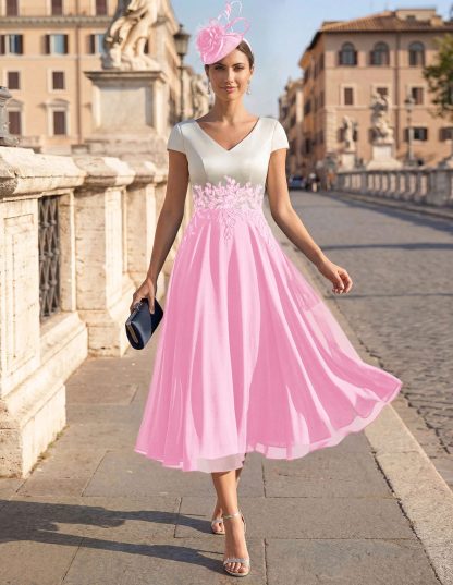 A-Line V-Neck Tea-Length Mother Of The Bride Dresses With Chiffon, product image 87