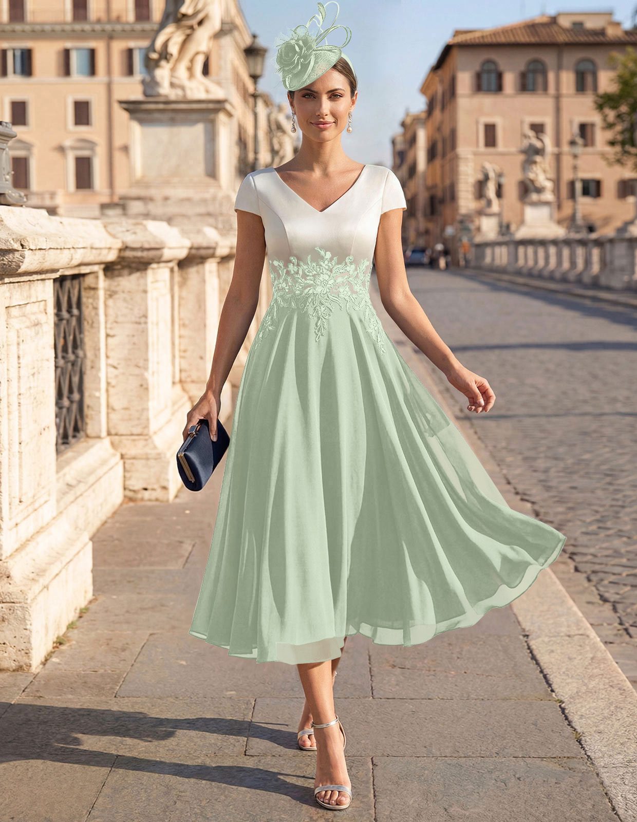 A-Line V-Neck Tea-Length Mother Of The Bride Dresses With Chiffon, product image 21