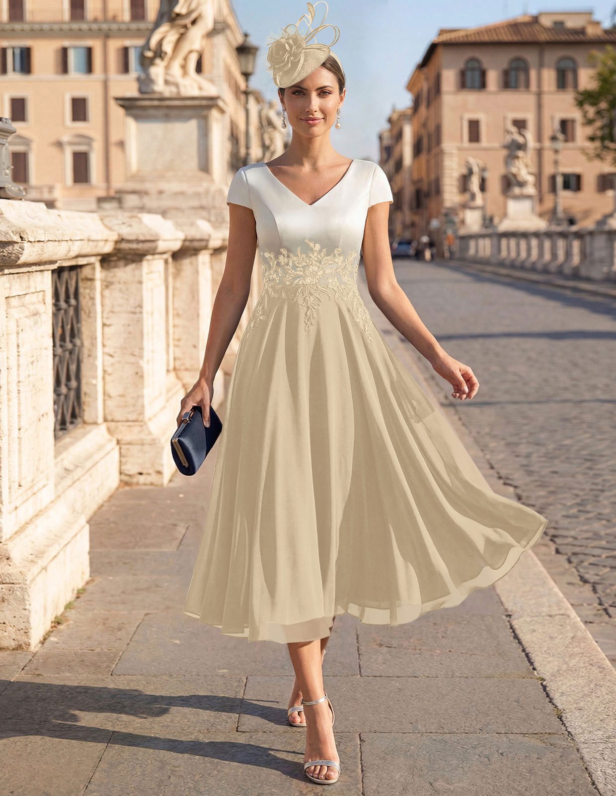 A-Line V-Neck Tea-Length Mother Of The Bride Dresses With Chiffon, product image 33