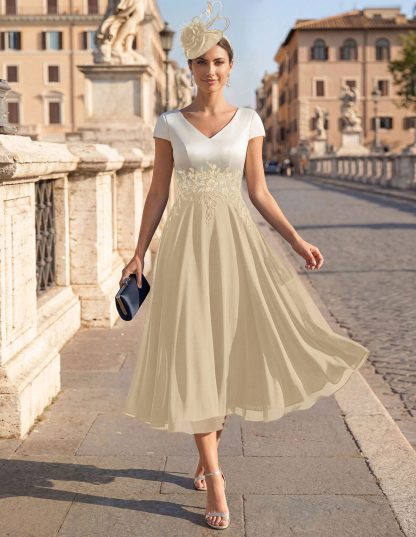 A-Line V-Neck Tea-Length Mother Of The Bride Dresses With Chiffon, product image 33