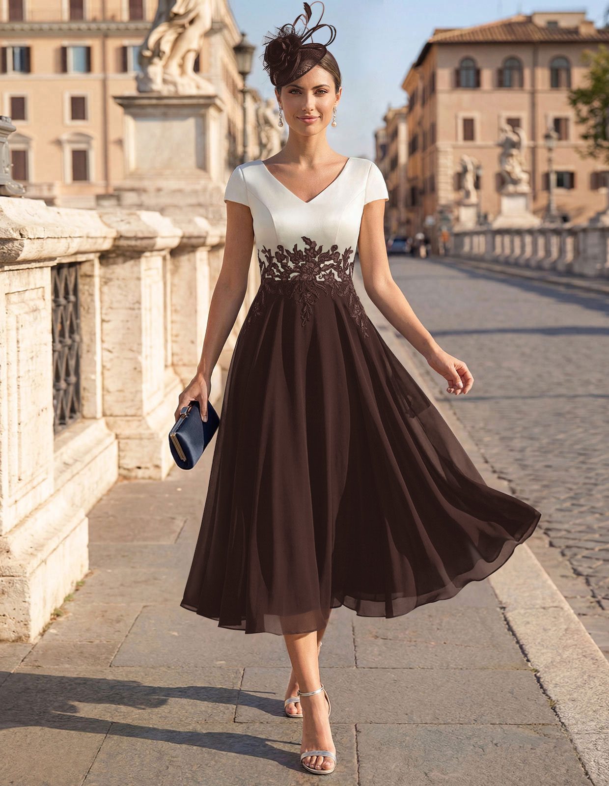 A-Line V-Neck Tea-Length Mother Of The Bride Dresses With Chiffon, product image 3