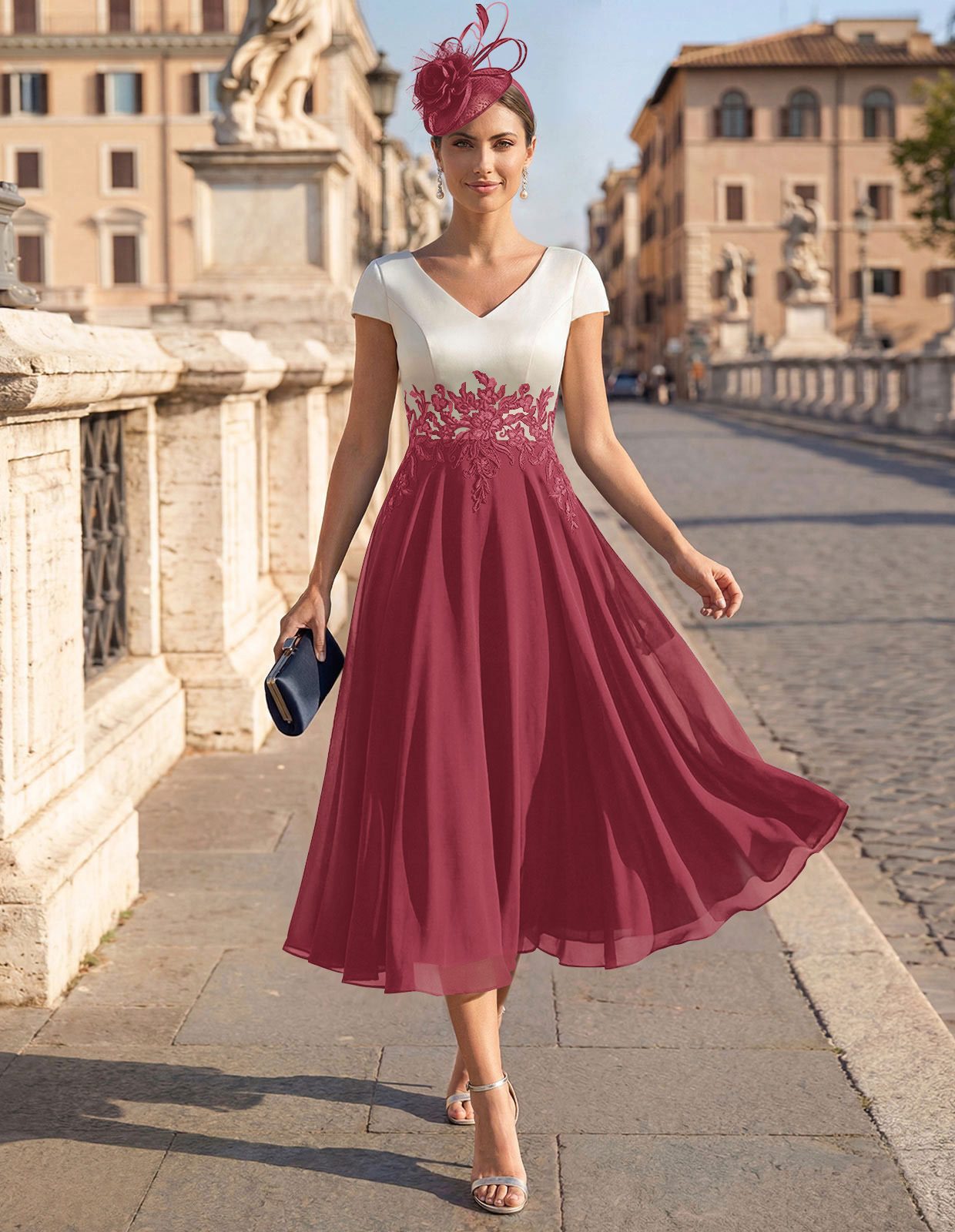 A-Line V-Neck Tea-Length Mother Of The Bride Dresses With Chiffon, product image 96