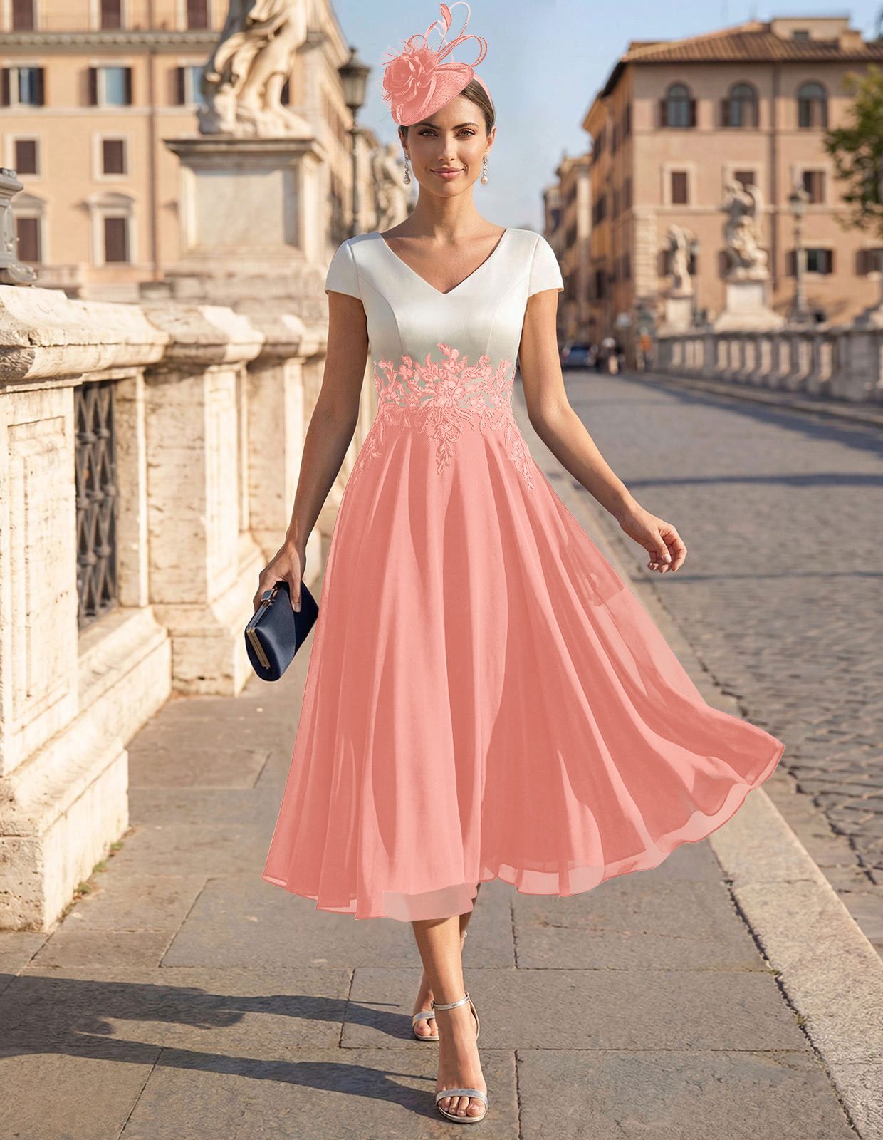 A-Line V-Neck Tea-Length Mother Of The Bride Dresses With Chiffon, product image 81