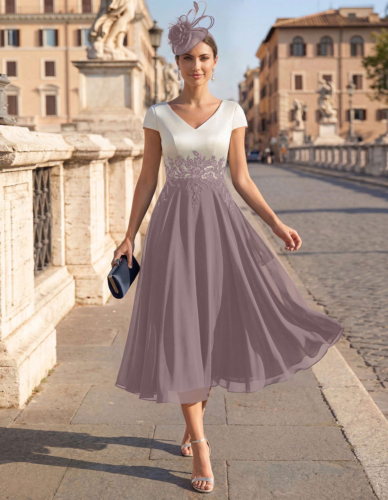 A-Line V-Neck Tea-Length Mother Of The Bride Dresses With Chiffon, product image 9