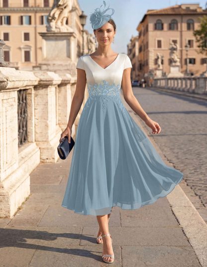 A-Line V-Neck Tea-Length Mother Of The Bride Dresses With Chiffon, product image 42