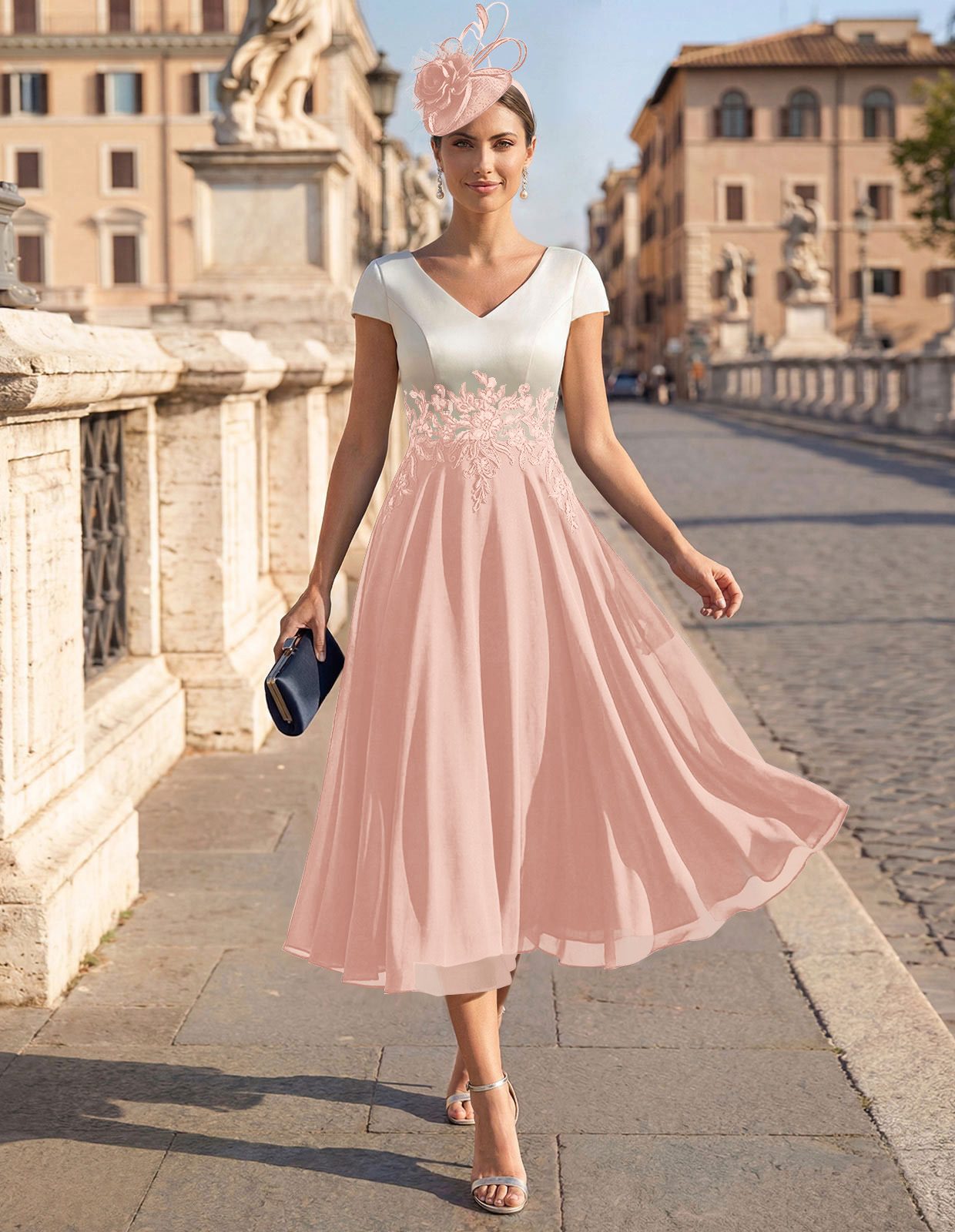 A-Line V-Neck Tea-Length Mother Of The Bride Dresses With Chiffon, product image 69