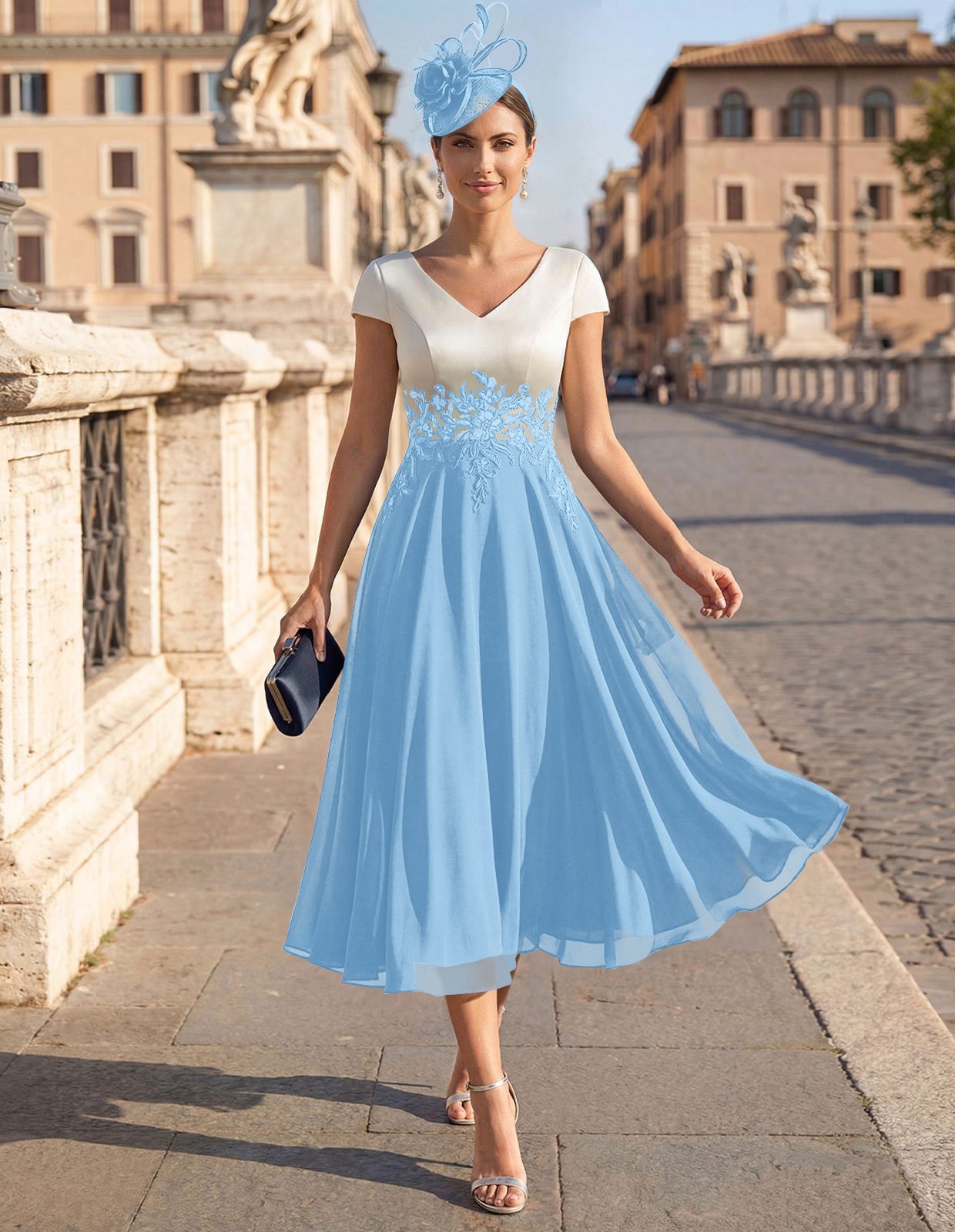 A-Line V-Neck Tea-Length Mother Of The Bride Dresses With Chiffon, product image 57
