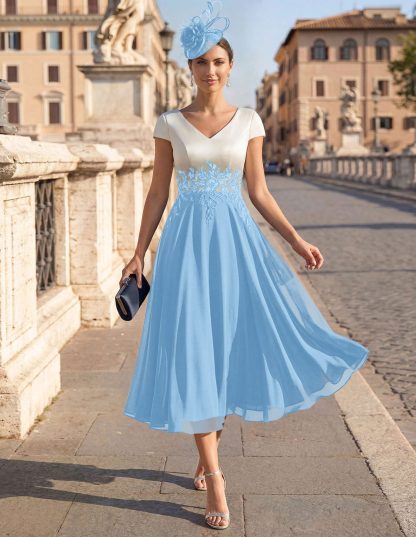 A-Line V-Neck Tea-Length Mother Of The Bride Dresses With Chiffon, product image 57