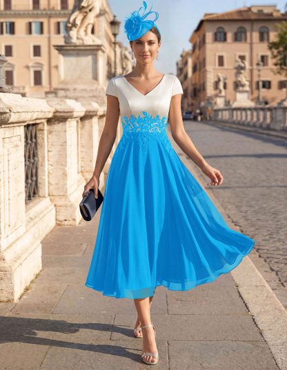 A-Line V-Neck Tea-Length Mother Of The Bride Dresses With Chiffon, product image 54