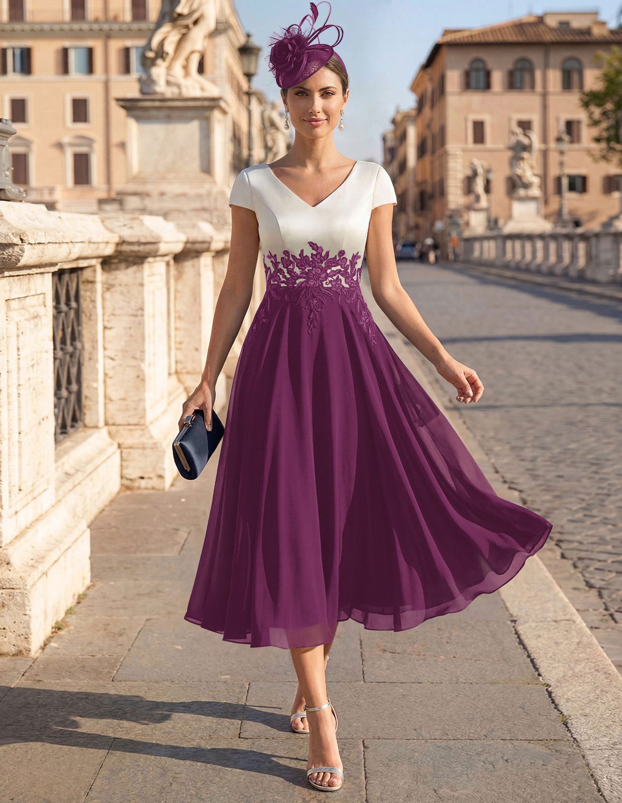 A-Line V-Neck Tea-Length Mother Of The Bride Dresses With Chiffon, product image 18