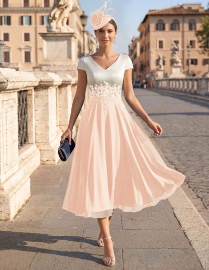 A-Line V-Neck Tea-Length Mother Of The Bride Dresses With Chiffon, product image 72