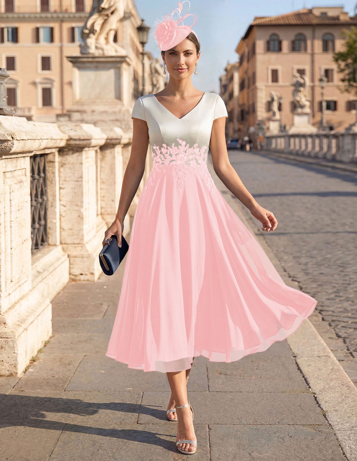 A-Line V-Neck Tea-Length Mother Of The Bride Dresses With Chiffon, product image 78