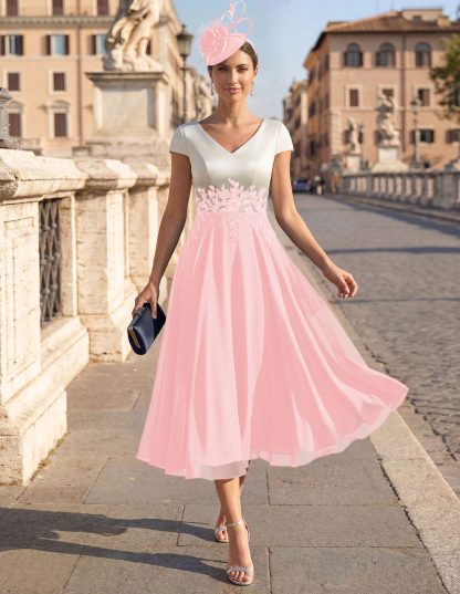 A-Line V-Neck Tea-Length Mother Of The Bride Dresses With Chiffon, product image 78