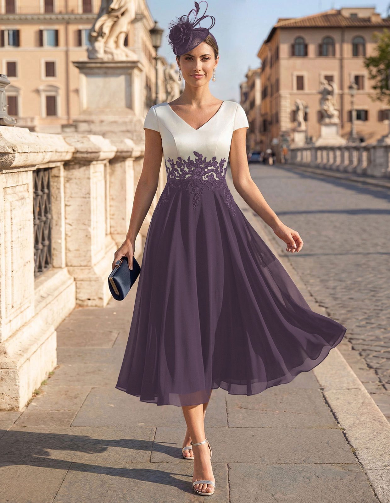 A-Line V-Neck Tea-Length Mother Of The Bride Dresses With Chiffon, product image 6