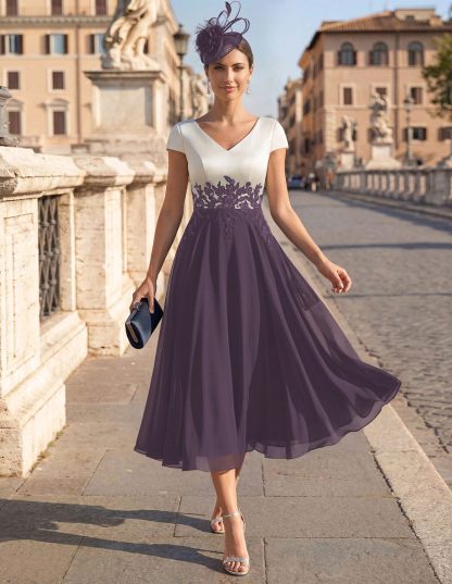 A-Line V-Neck Tea-Length Mother Of The Bride Dresses With Chiffon, product image 6