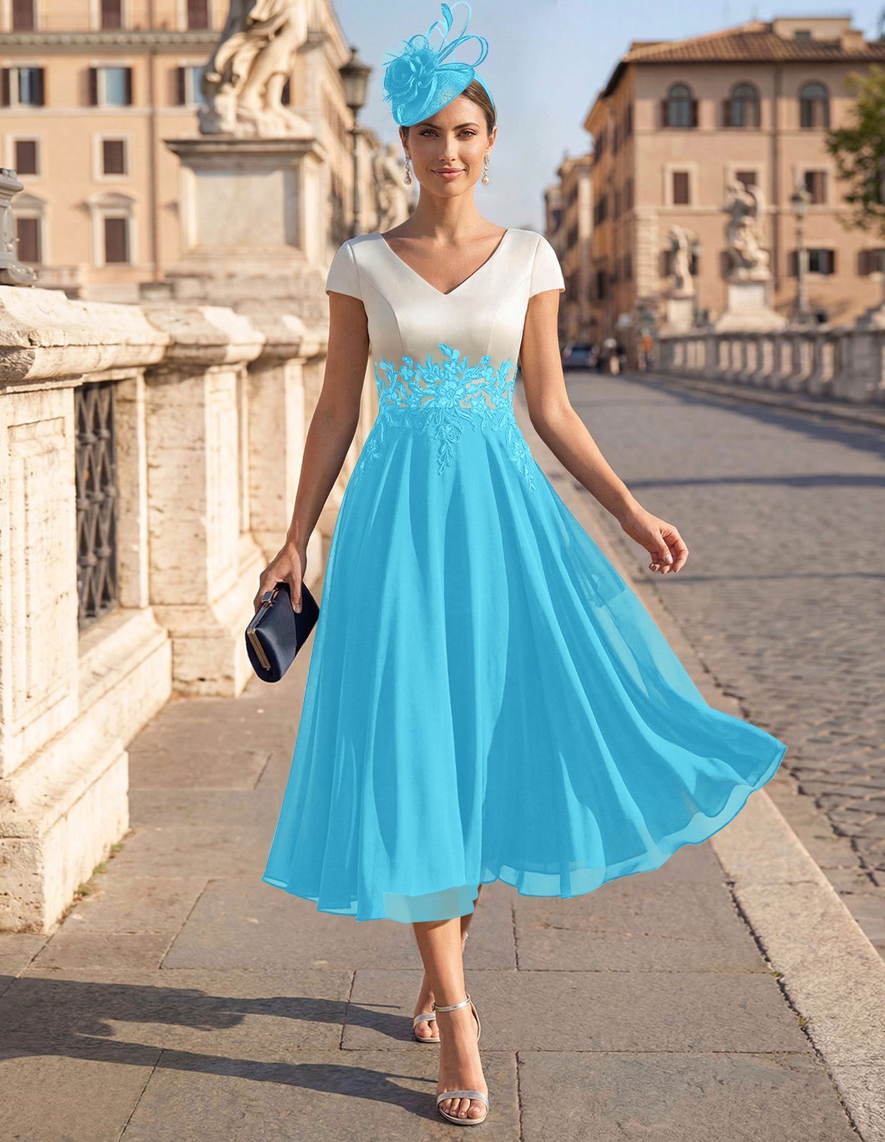 A-Line V-Neck Tea-Length Mother Of The Bride Dresses With Chiffon, product image 51