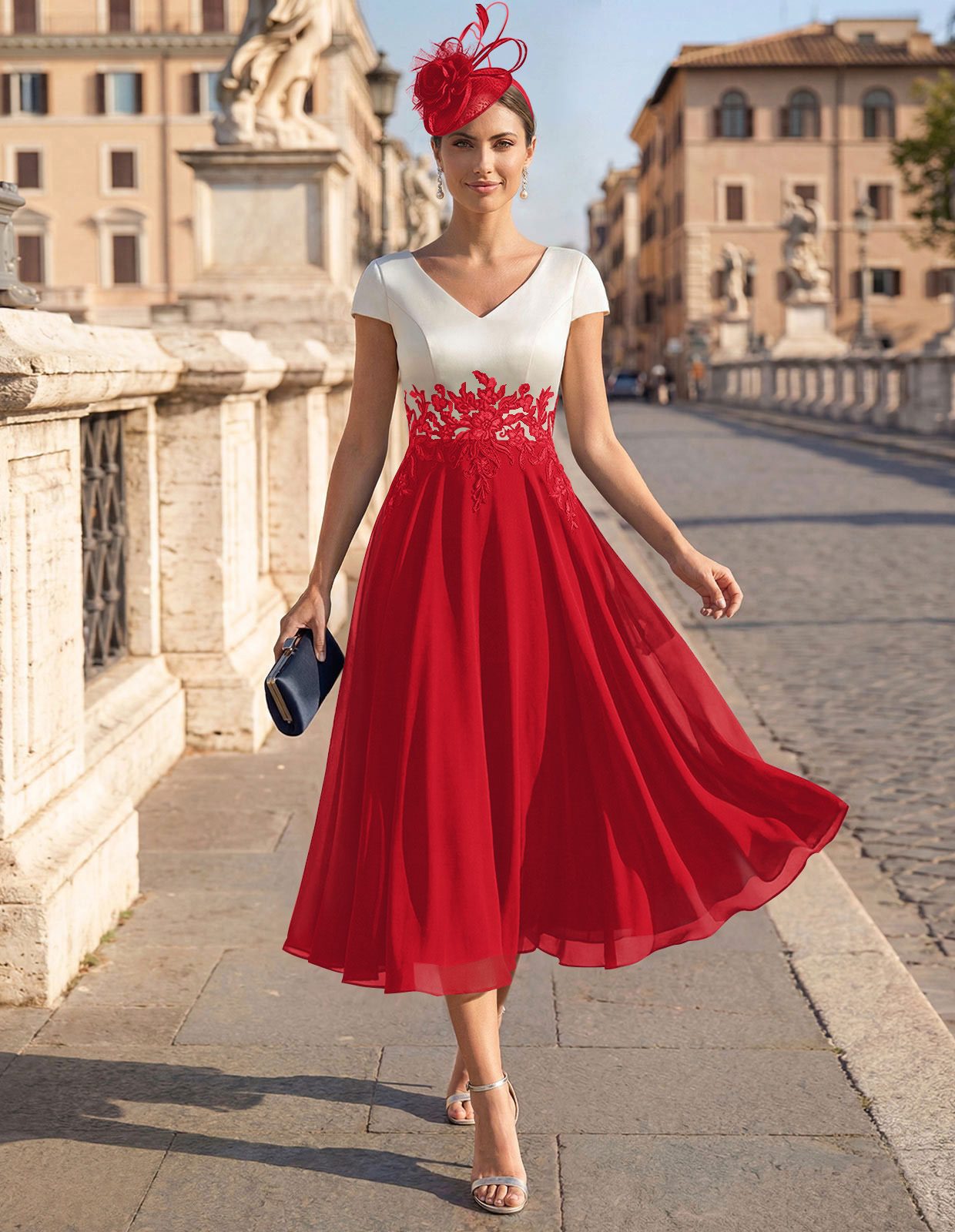 A-Line V-Neck Tea-Length Mother Of The Bride Dresses With Chiffon, product image 90