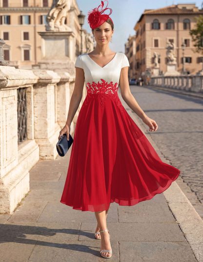 A-Line V-Neck Tea-Length Mother Of The Bride Dresses With Chiffon, product image 90