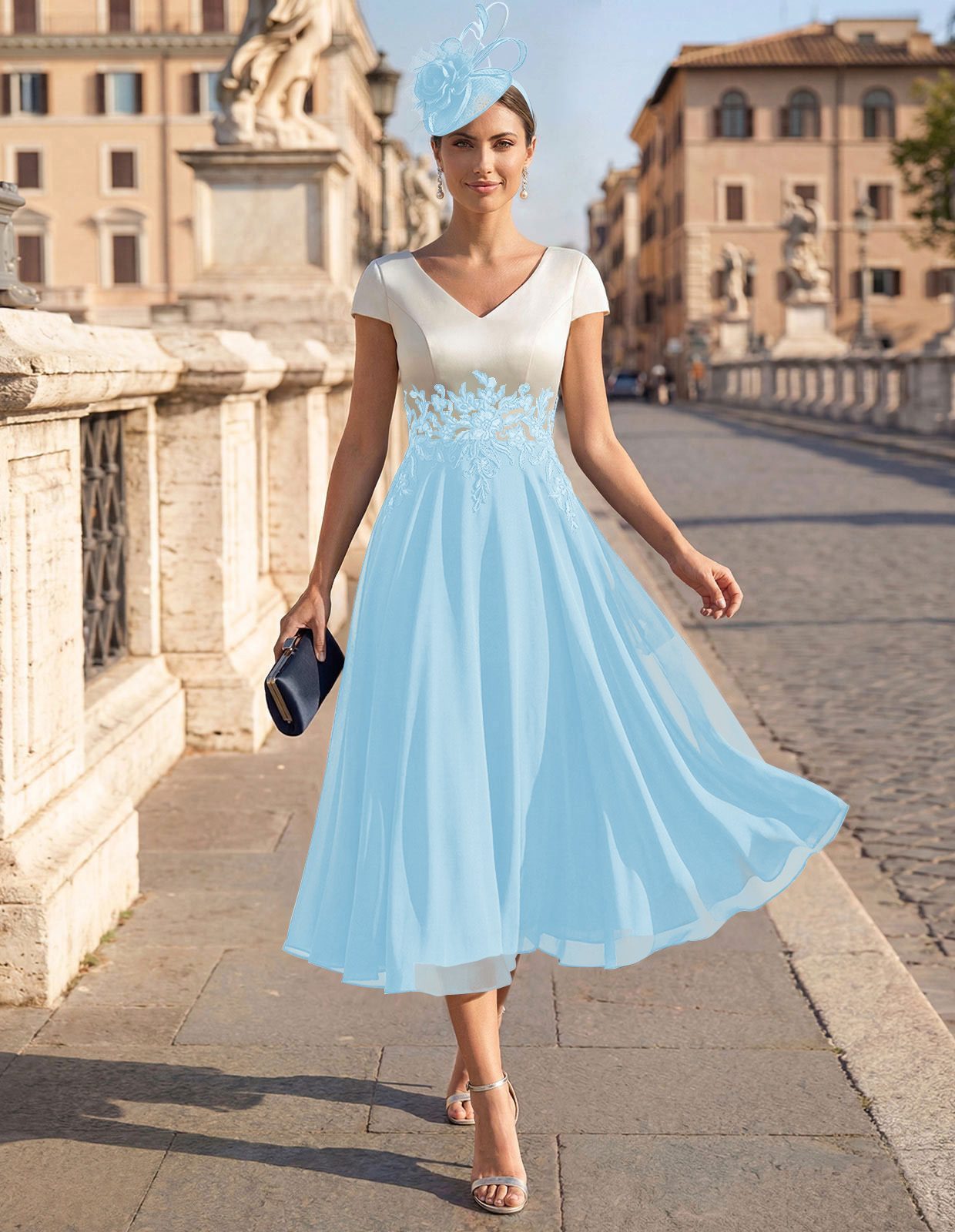 A-Line V-Neck Tea-Length Mother Of The Bride Dresses With Chiffon, product image 45