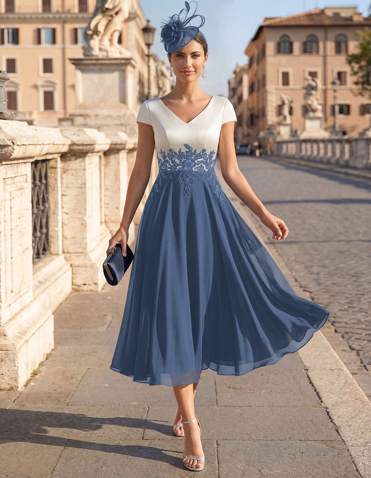 A-Line V-Neck Tea-Length Mother Of The Bride Dresses With Chiffon, product image 30