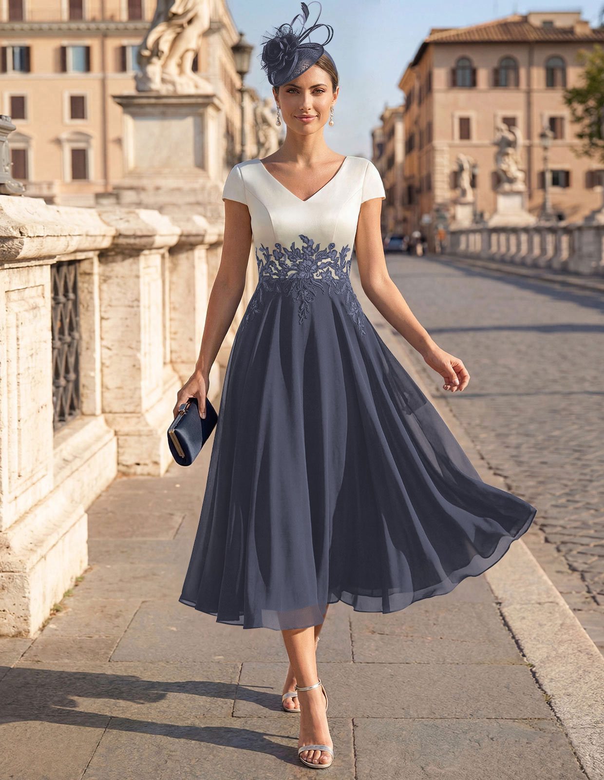 A-Line V-Neck Tea-Length Mother Of The Bride Dresses With Chiffon, product image 39