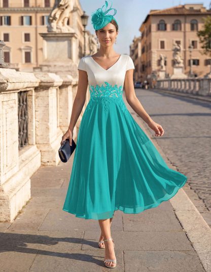 A-Line V-Neck Tea-Length Mother Of The Bride Dresses With Chiffon, product image 60
