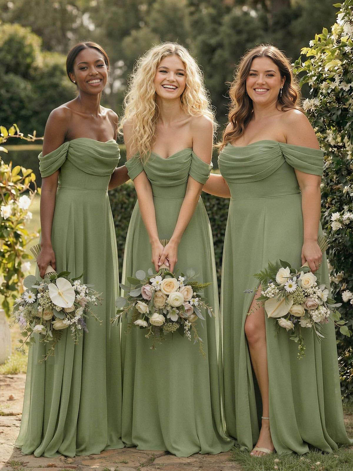 A-Line Off-The-Shoulder Sleeveless Floor-Length Chiffon Bridesmaid Dresses With Split Front, product image 1