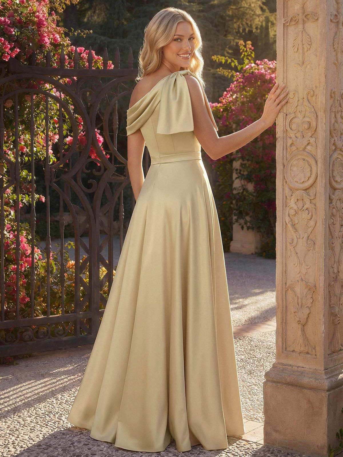 A-Line Asymmetrical Sleeveless Floor-Length Satin Bridesmaid Dresses With Bow(s)/High Split, product image 2