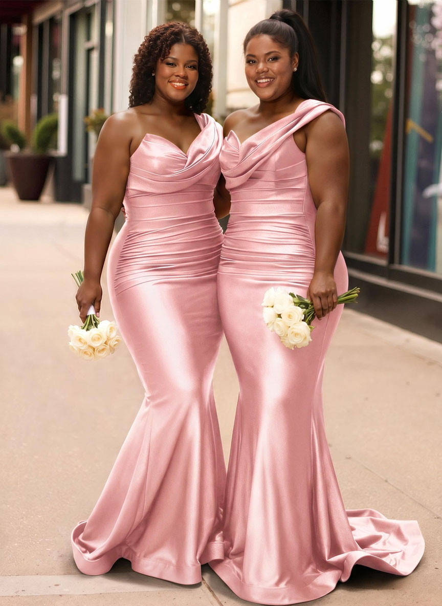 Trumpet/Mermaid One-Shoulder Sleeveless Sweep Train Stretch Satin Knit Bridesmaid Dresses, product image 25