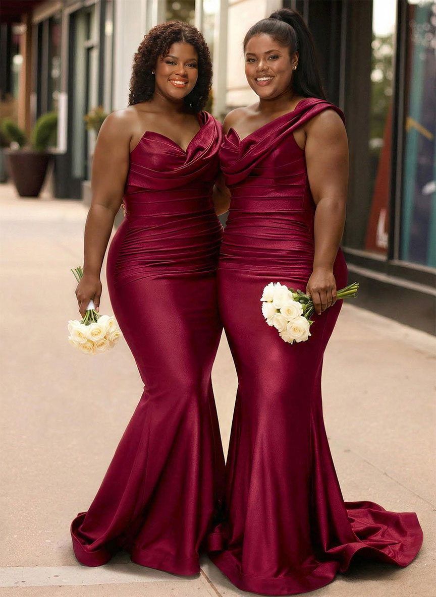 Trumpet/Mermaid One-Shoulder Sleeveless Sweep Train Stretch Satin Knit Bridesmaid Dresses, product image 23