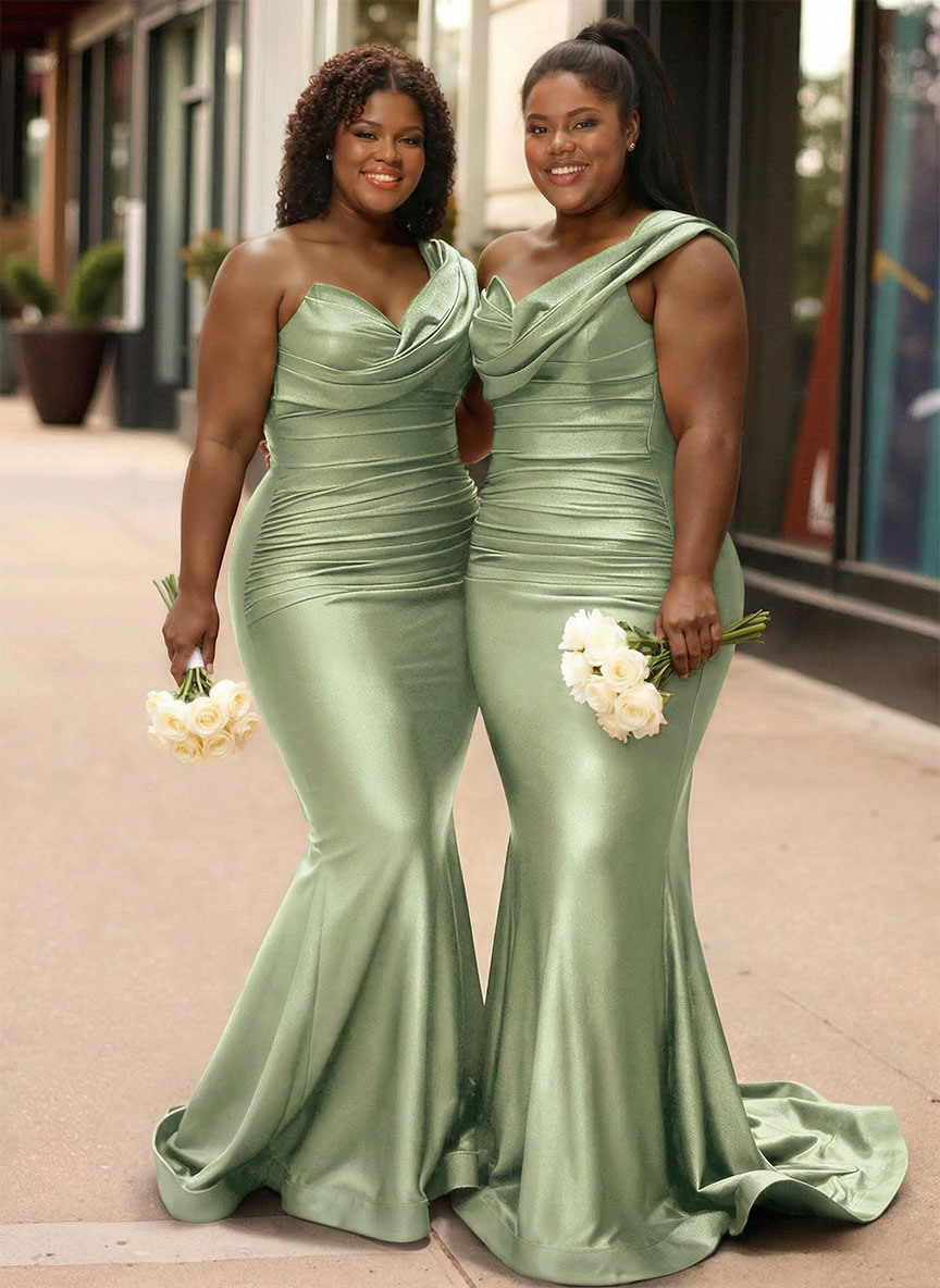 Trumpet/Mermaid One-Shoulder Sleeveless Sweep Train Stretch Satin Knit Bridesmaid Dresses, product image 30