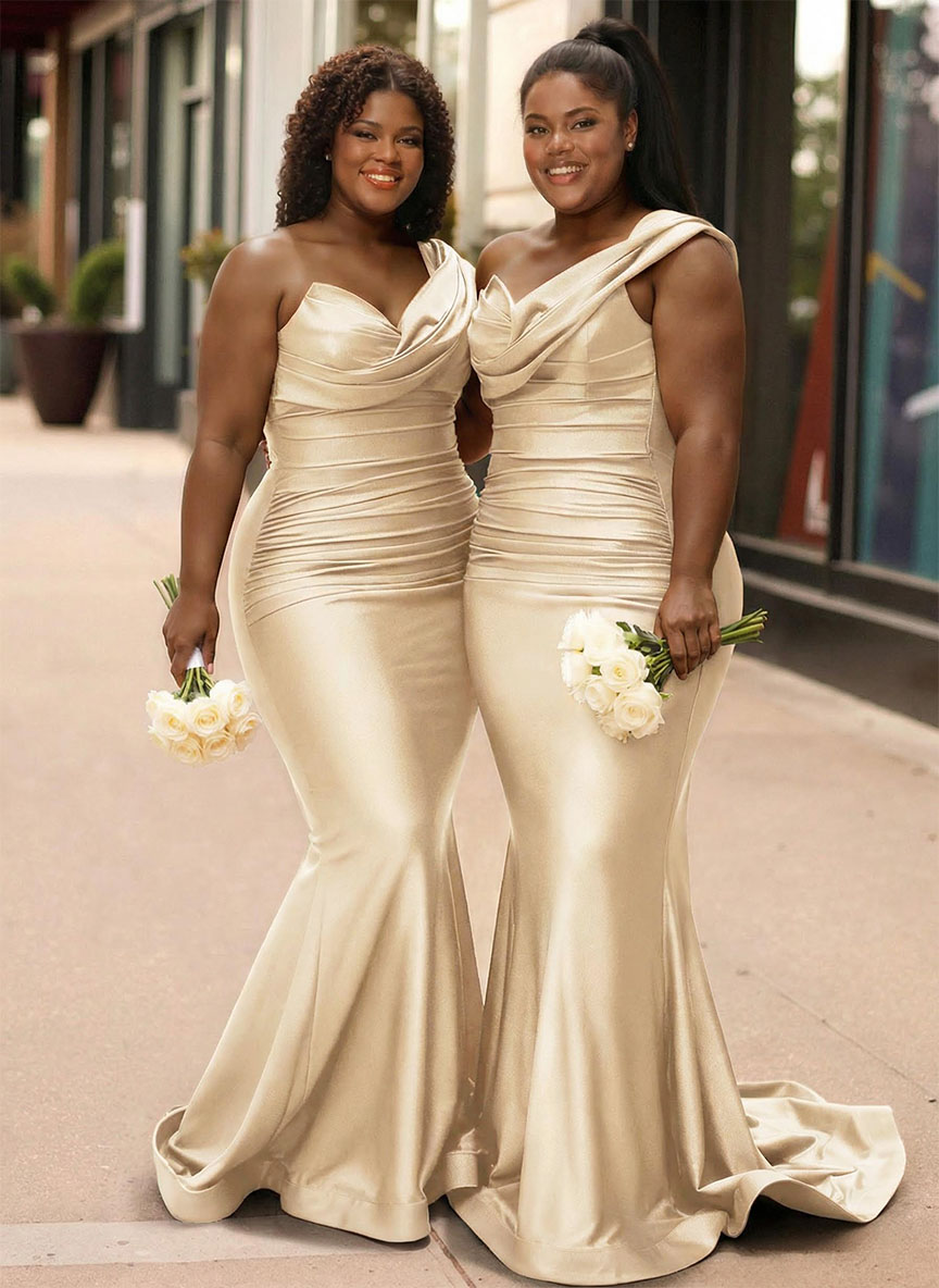Trumpet/Mermaid One-Shoulder Sleeveless Sweep Train Stretch Satin Knit Bridesmaid Dresses, product image 5