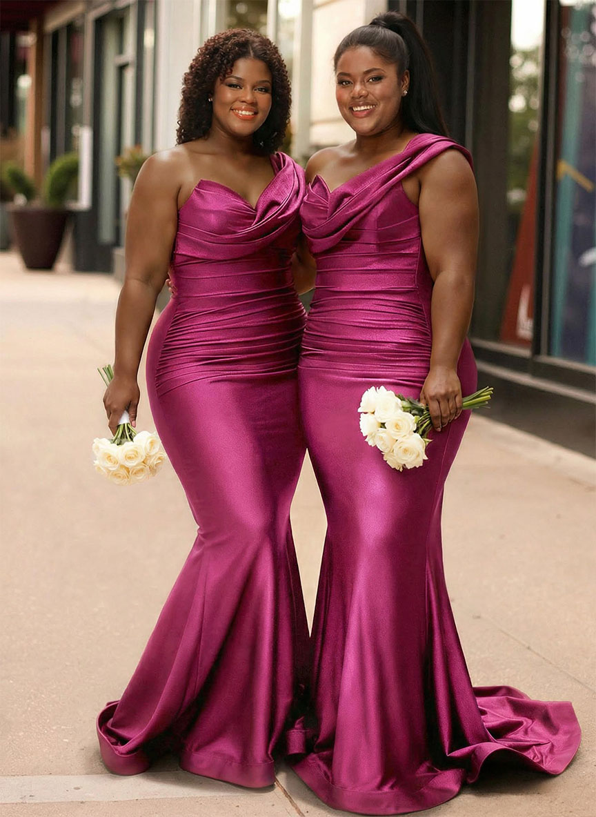 Trumpet/Mermaid One-Shoulder Sleeveless Sweep Train Stretch Satin Knit Bridesmaid Dresses, product image 21
