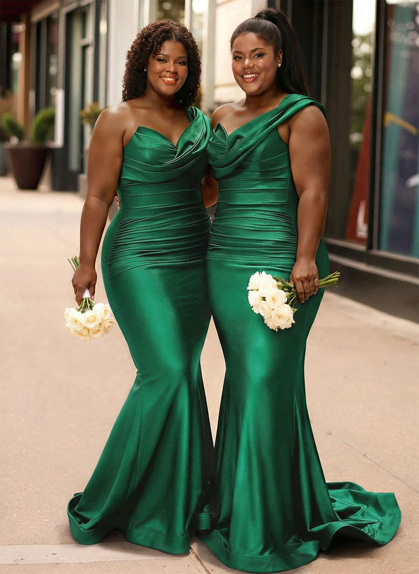 Trumpet/Mermaid One-Shoulder Sleeveless Sweep Train Stretch Satin Knit Bridesmaid Dresses, product image 31